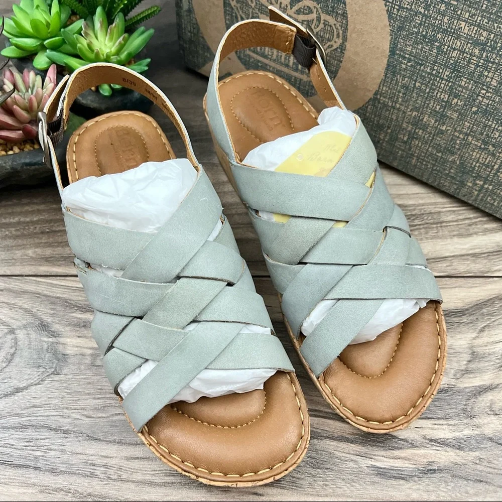 NIB Born Laila Strappy Slingback Wedge Leather Sandal Light Blue 8M 39 - Picture 2 of 13